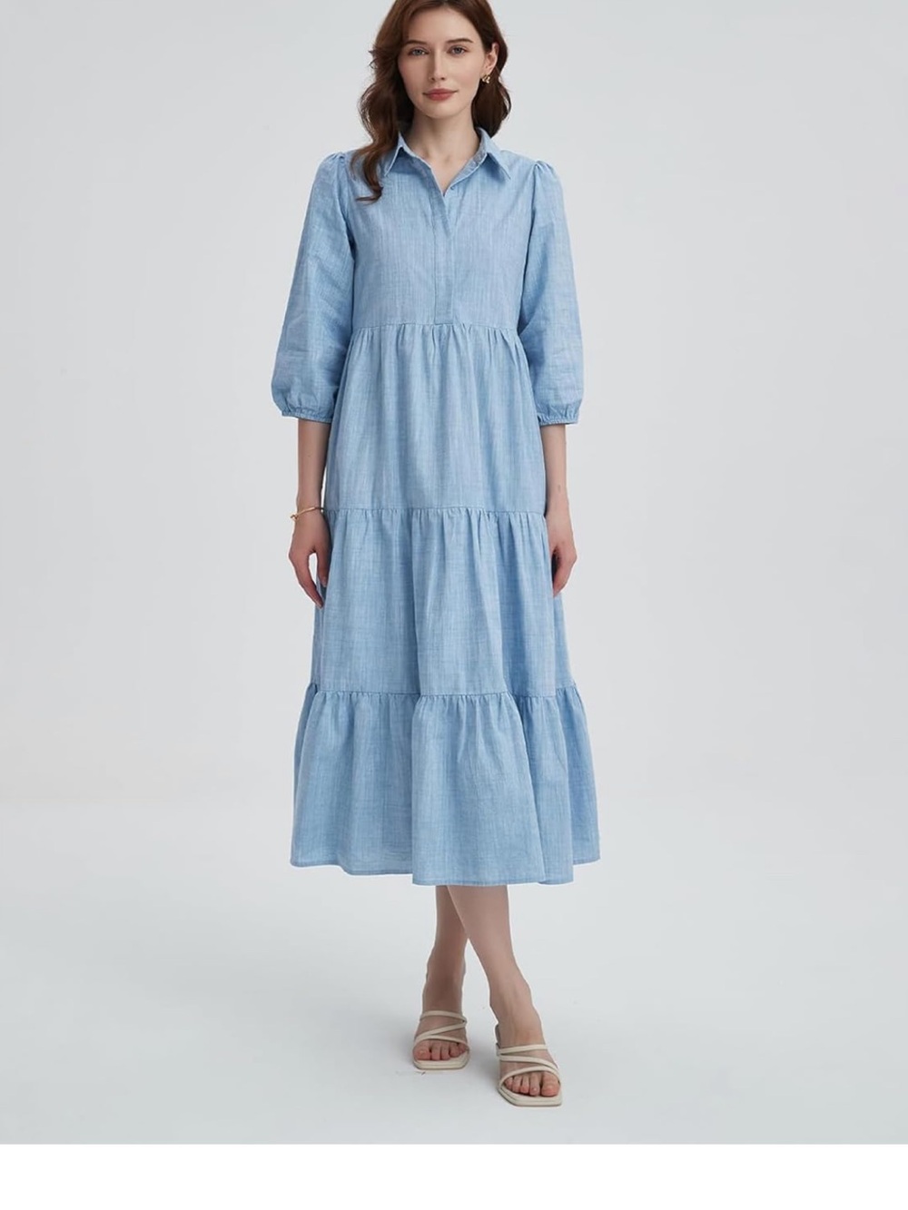 Amazon Essentials Light Blue Tiered Maxi Dress with Collar